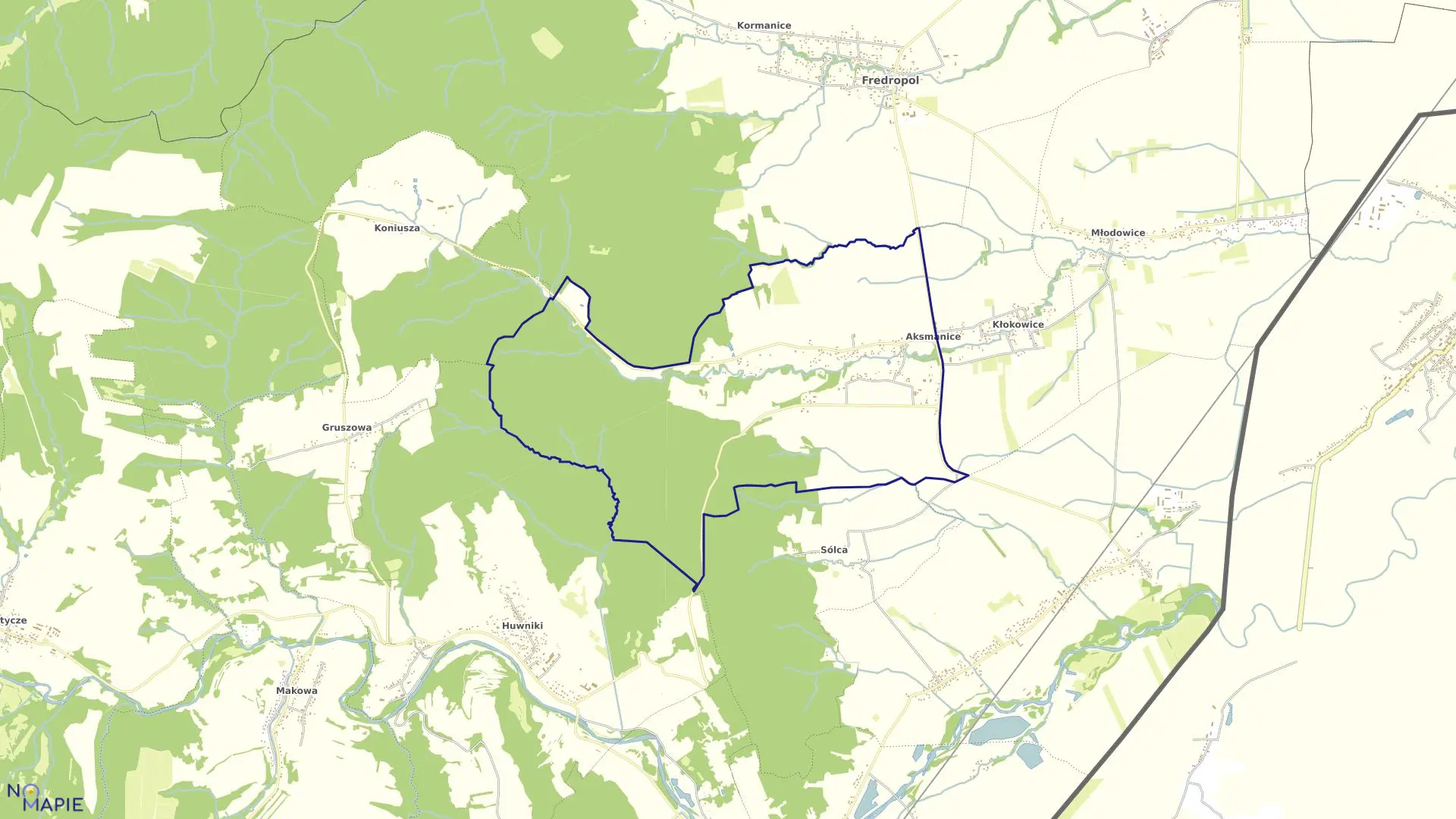 Mapa obrębu Aksmanice w gminie Fredropol