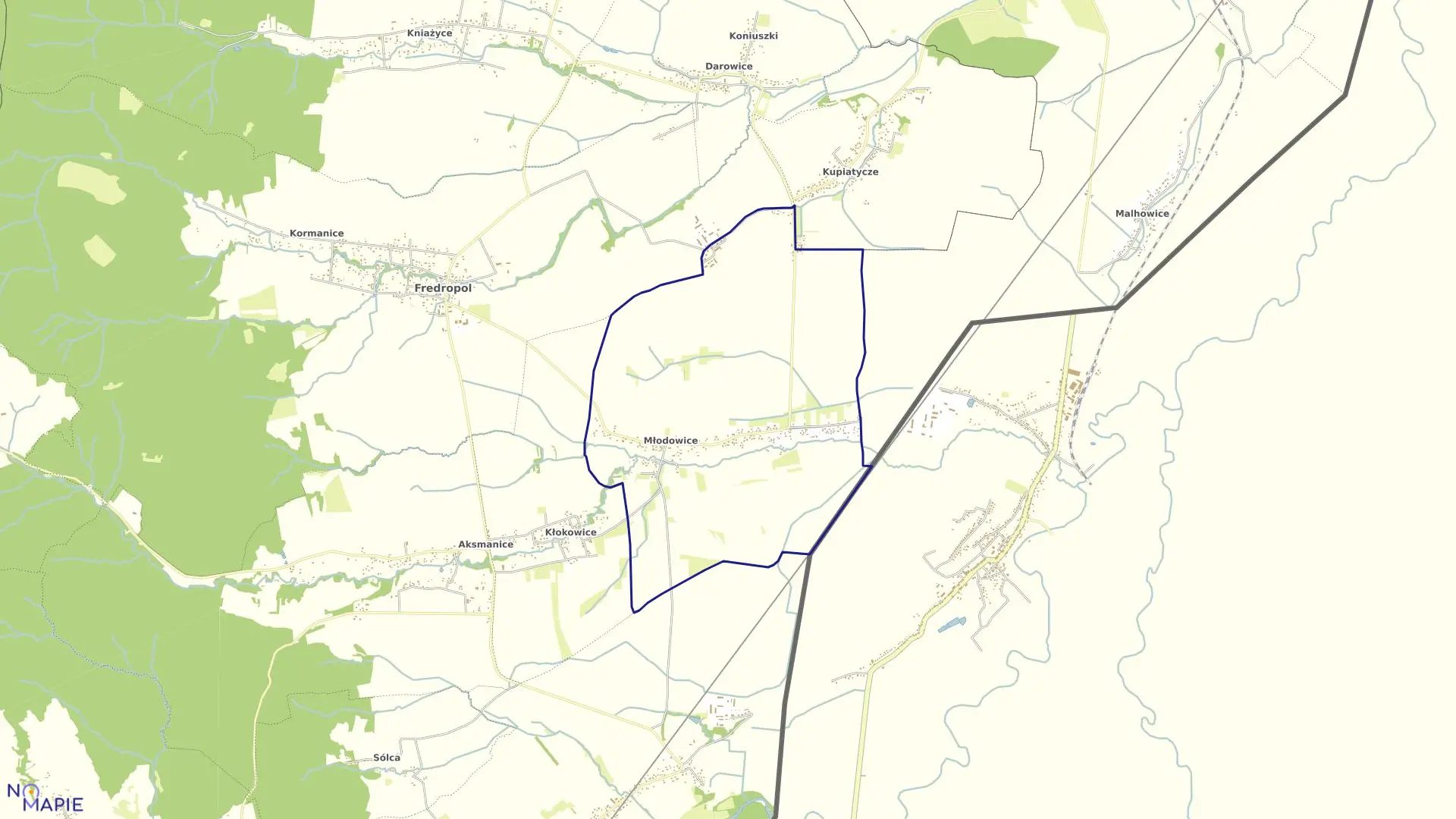 Mapa obrębu Młodowice w gminie Fredropol